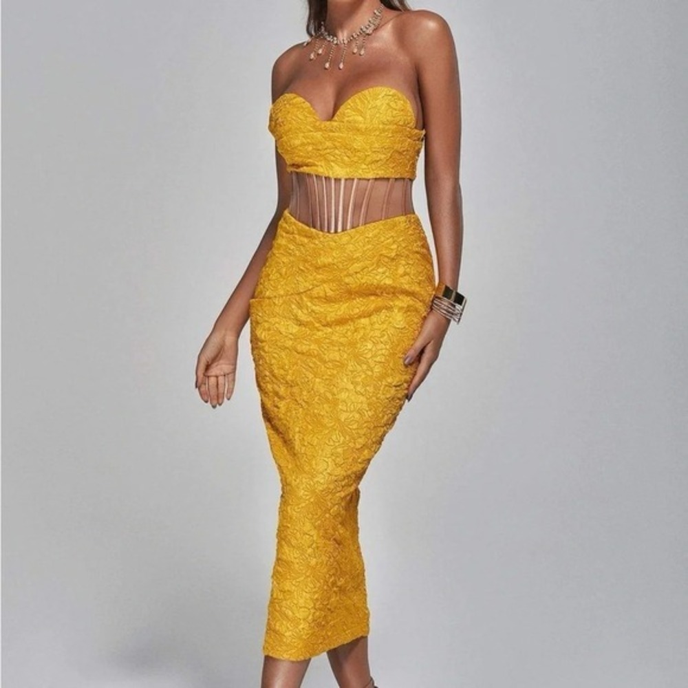 Yellow Jacquard Strapless Corset Sheer Waist Bodycon Midi Dress Small